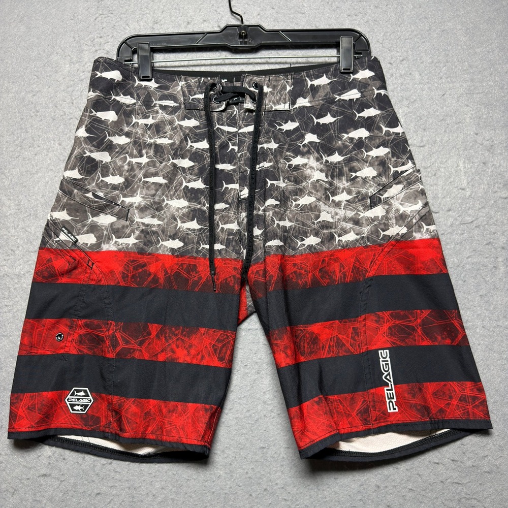 Pelagic Sharkskin Boardshorts Mens 30 Red Black Shark Print Fishing Swim Trunks